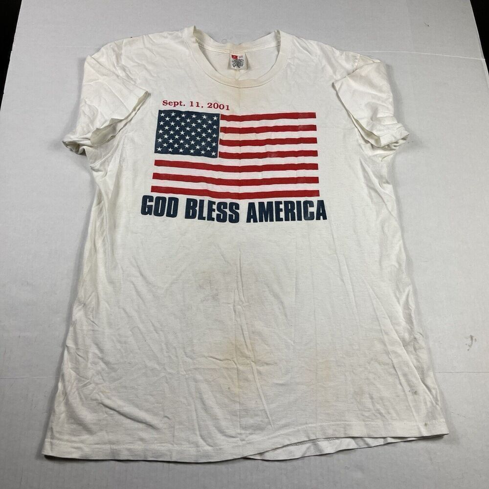 Hanes VINTAGE 9/11 T-Shirt White Short Sleeve Patriotic Crew Neck Tee XL FLAWS